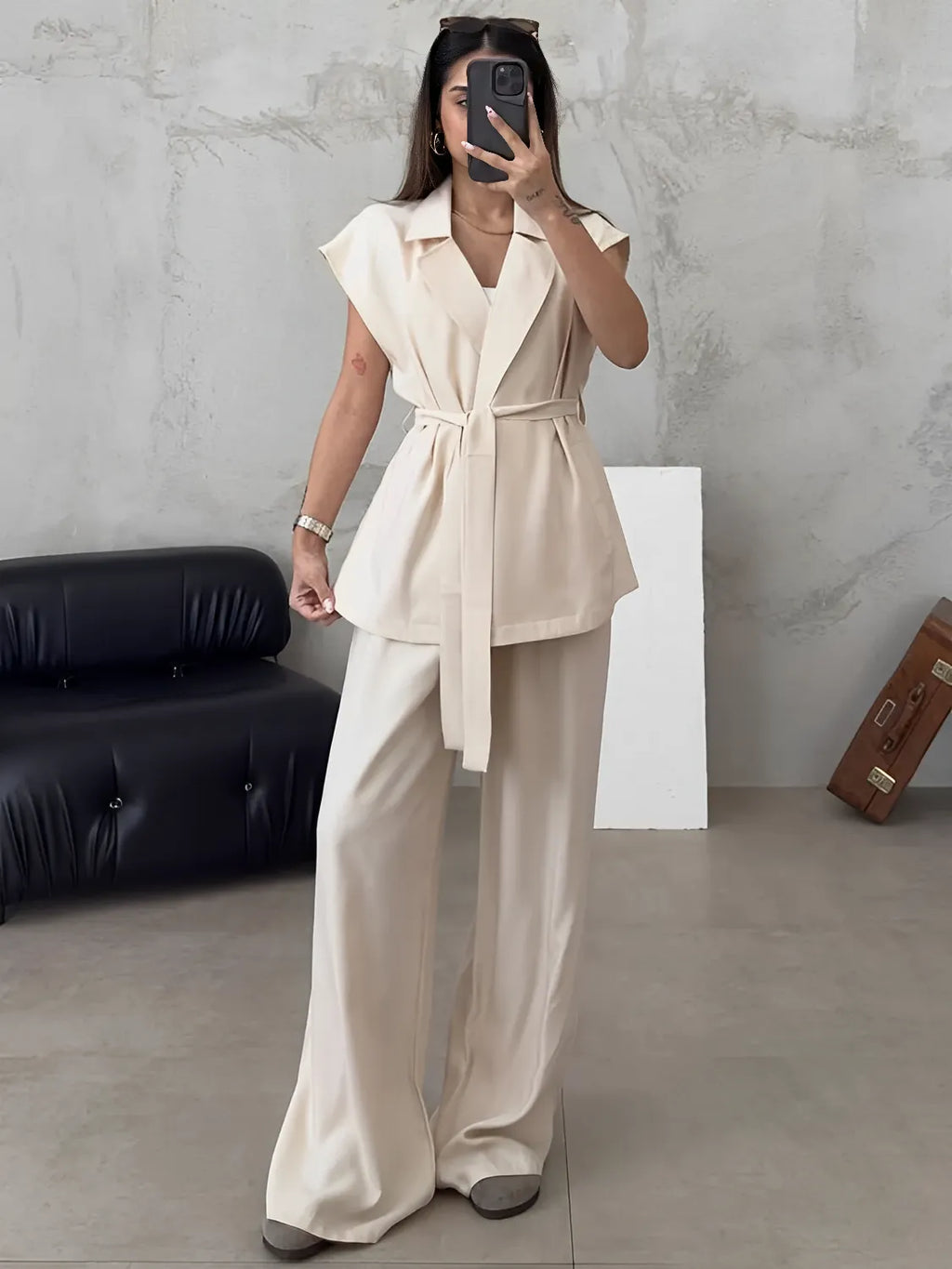 Conjunto Alfaiataria com Blusa de  Amarração e Calça Pantalona - Dominique