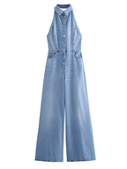 Macacão Jeans Pantalona com Decote Nadador e Bolsos - Jordana