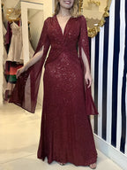Vestido Feminino Longo de Festa Paêtes Decote em V e Nó na Cintura  - Dafne [FRETE FULL]