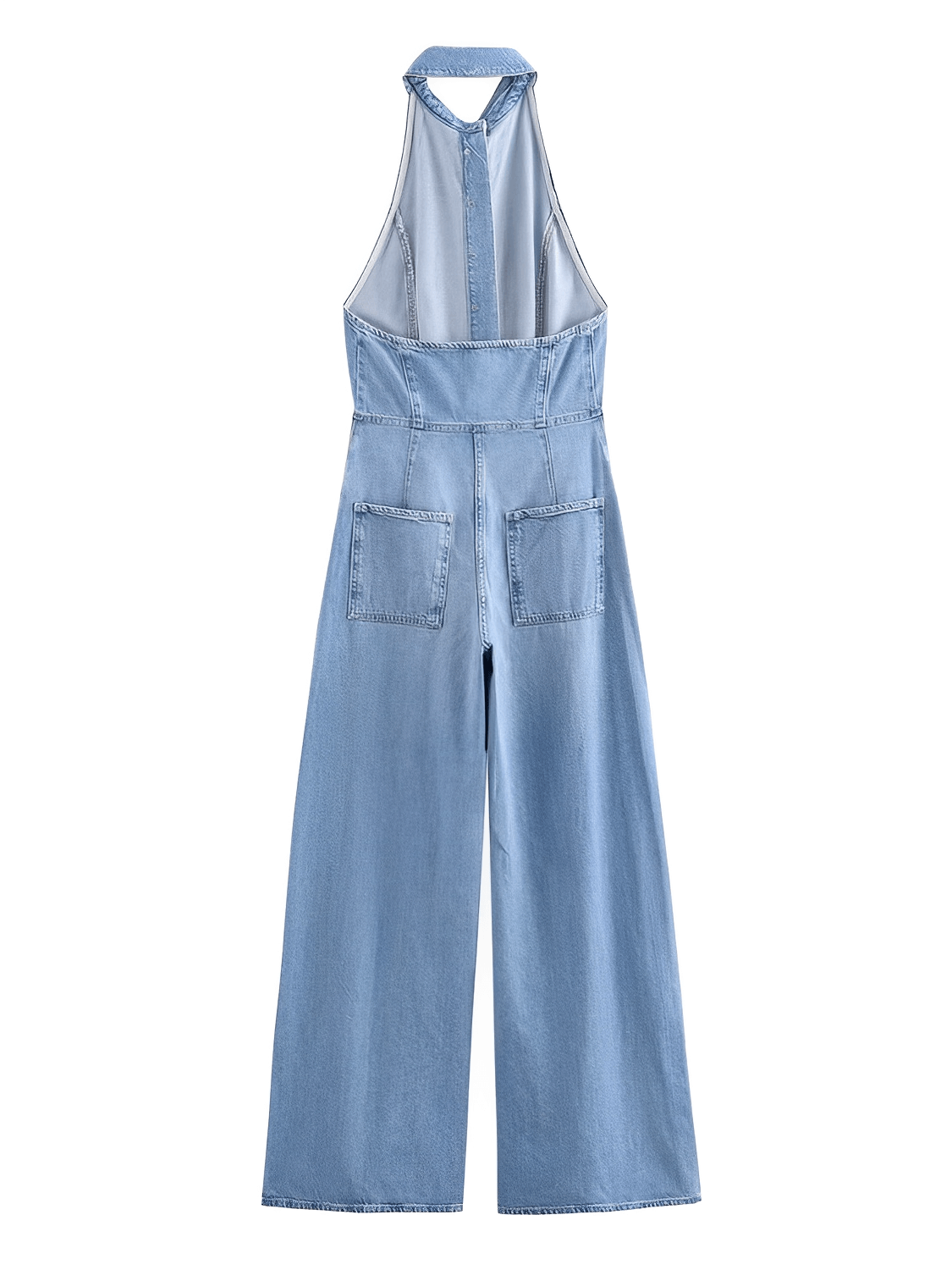 Macacão Jeans Pantalona com Decote Nadador e Bolsos - Jordana