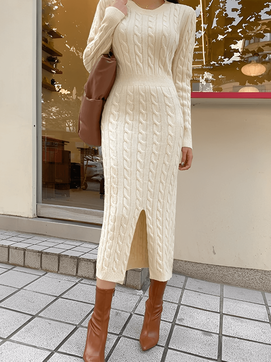 Vestido Midi em Tricô Texturizado com Decote 2 em 1 e Manga Longa – Genebra [FRETE FULL]