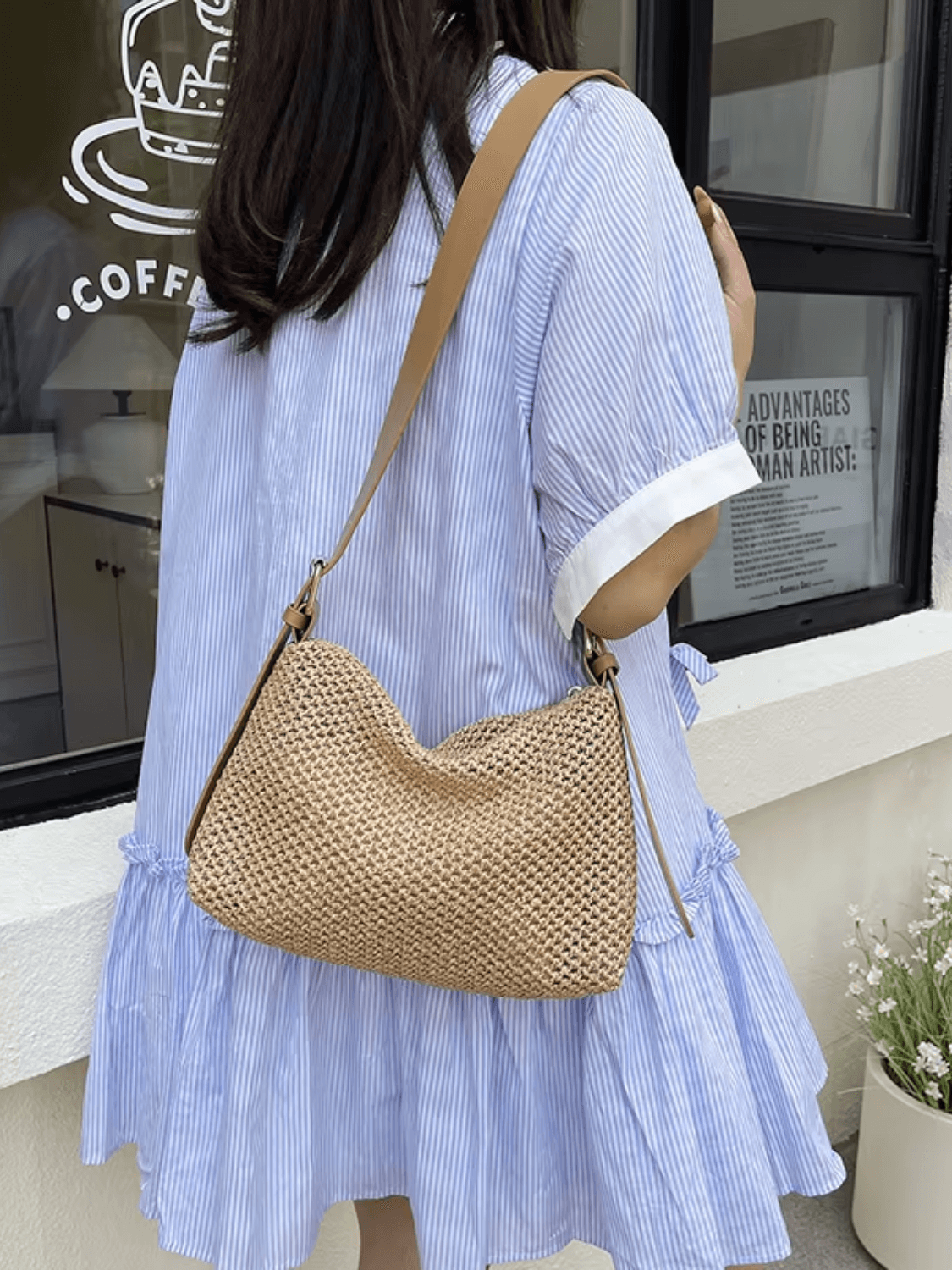Bolsa Tiracolo de Palha com Alça Ajustável  Elegante em Couro PU- Coraline
