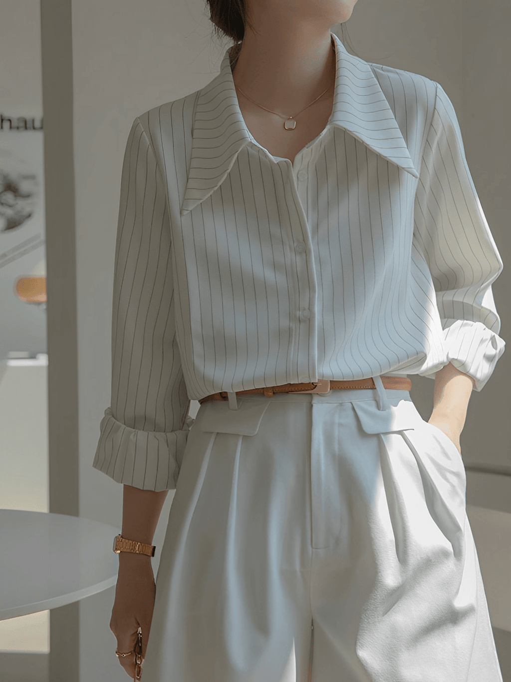 Camisa Vintage com Listras Finas Gola Ampla e Punhos Ajustados - Lucia [FRETE FULL]