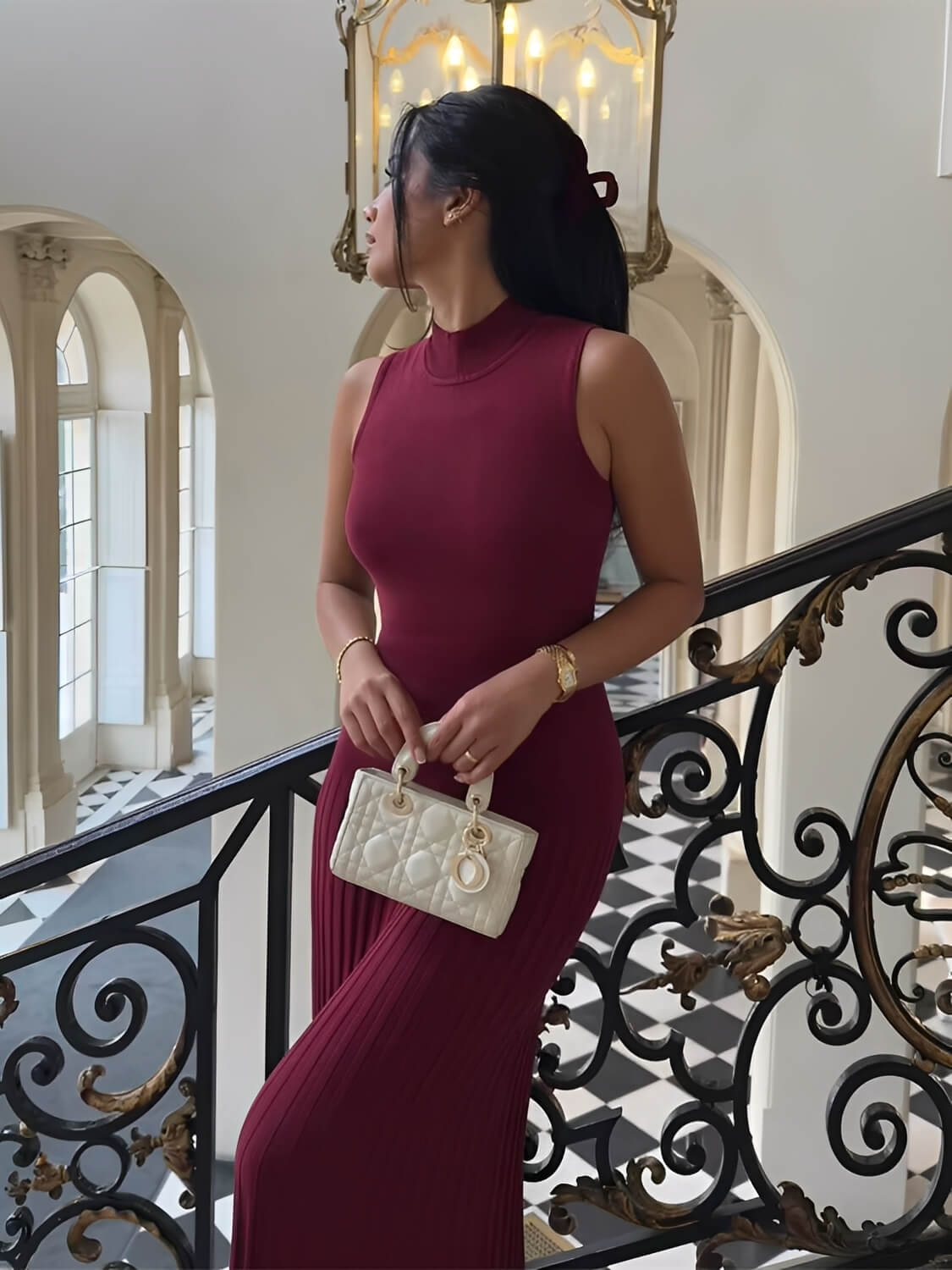 Vestido Longo em Tricô Canelado com Gola Alta e Saia Plissada – Sonia [FRETE FULL]