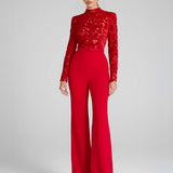 Macacão Elegante Manga Longa com Renda e Calça Flare com Cinto - Yeva [FRETE FULL]