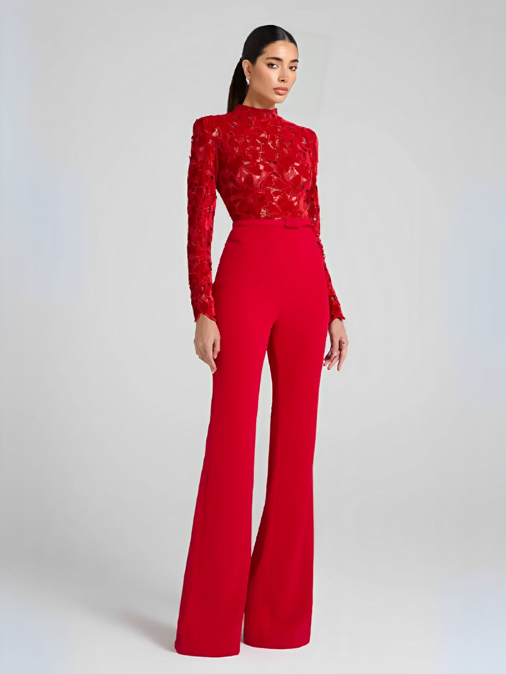 Macacão Elegante Manga Longa com Renda e Calça Flare com Cinto - Yeva [FRETE FULL]