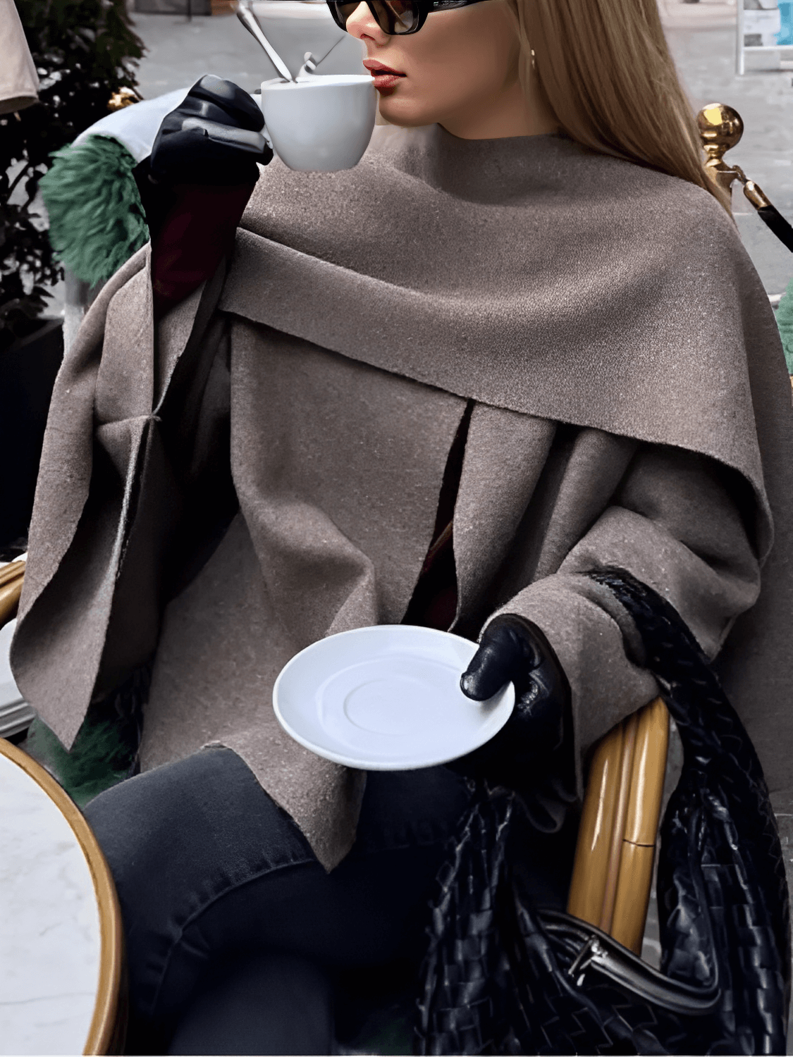 Casaco Poncho Assimétrico  com Gola Lenço – Alana
