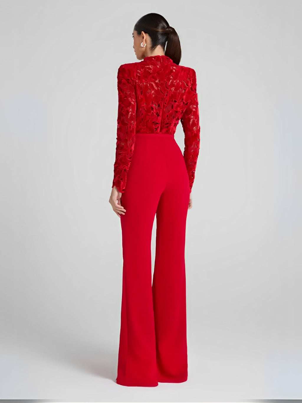 Macacão Elegante Manga Longa com Renda e Calça Flare com Cinto - Yeva [FRETE FULL]