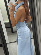 Macacão Jeans Pantalona com Decote Nadador e Bolsos - Jordana
