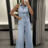 Macacão Jeans Pantalona com Decote Nadador e Bolsos - Jordana
