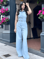 Macacão Jeans Pantalona com Decote Nadador e Bolsos - Jordana