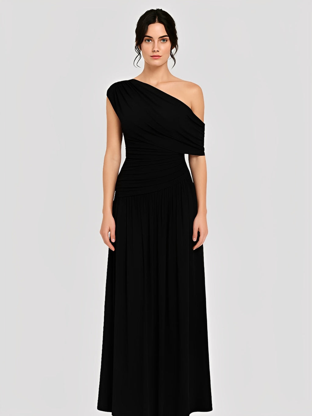 Vestido Longo Plissado Ombro Único Acinturado com Franzidos  – Lunara [FRETE FULL]