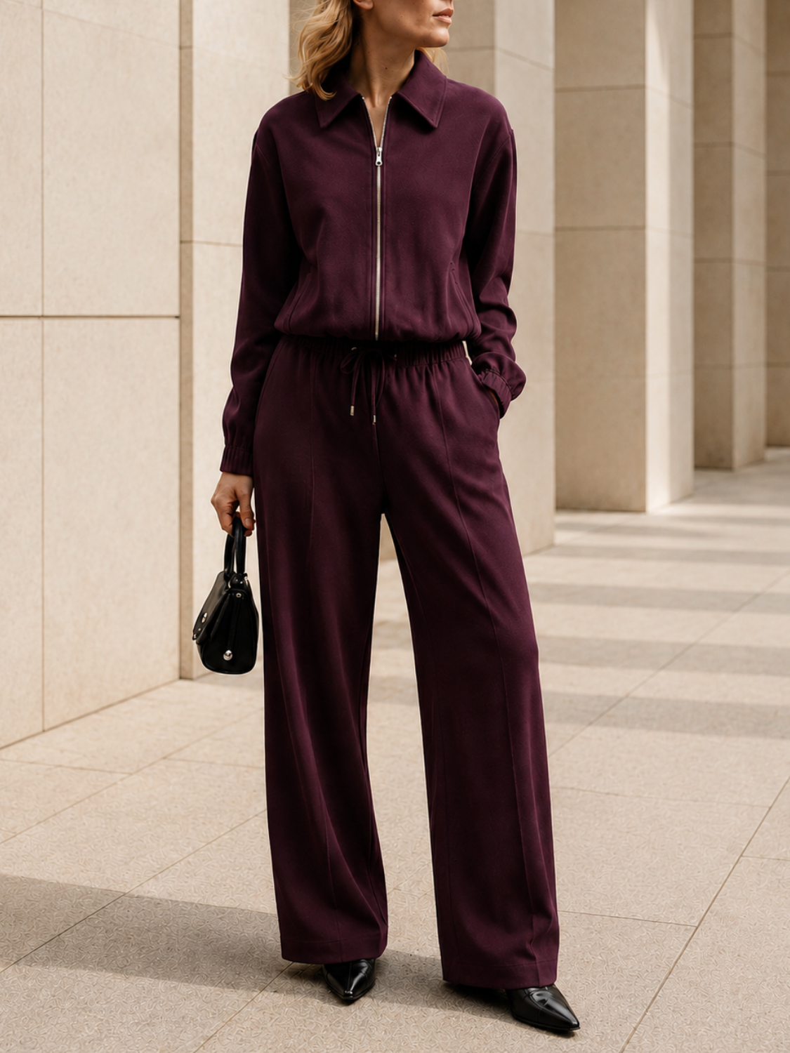 Conjunto em Sarja com Jaqueta Cropped Franzida e Calça Wide Leg - Yoná