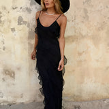 Vestido Longo de Festa em Chiffon De Alças Babados e Costas Nuas – Cassandra [FRETE FULL]