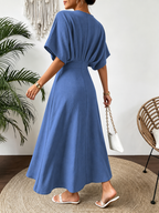 Vestido Midi Evasê Acinturado com Manga Morcego Decote V-  Mayla