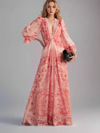 Vestido Longo Estampado Acinturado com Mangas Longas Elegantes – Clarisse