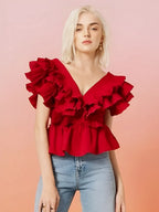 Blusa Feminina com Babados Decote em V com Botões - Isabella