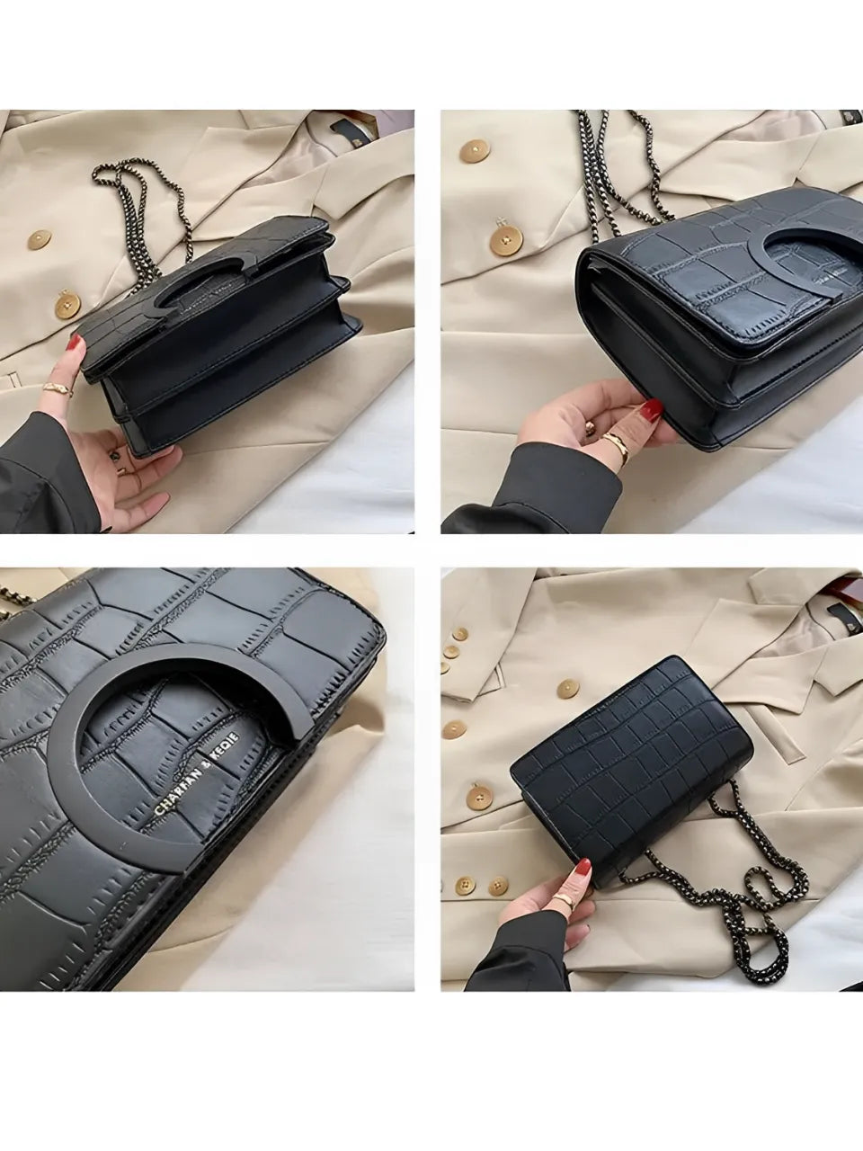 Bolsa Transversal em Couro PU com Correntes e Fecho Magnético - Anne