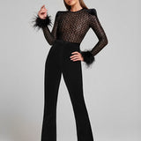 Macacão de Renda com Lantejoulas Plumas e Calça Flare de Veludo - Noir