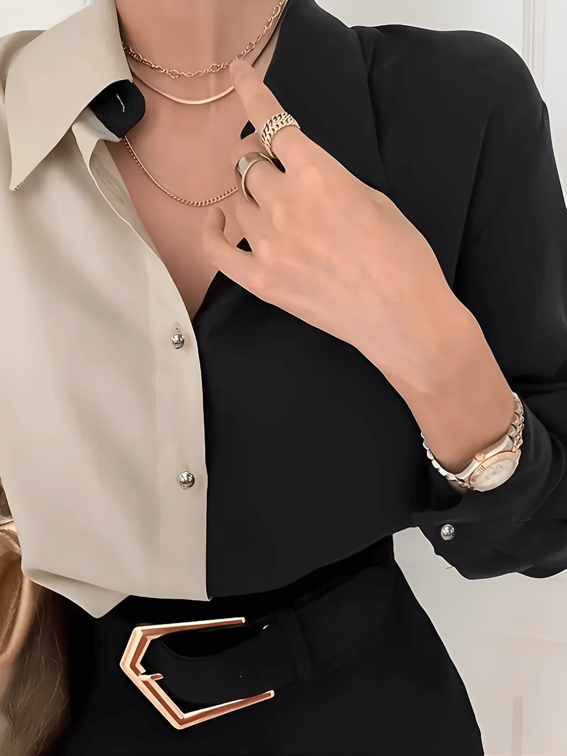 Camisa Acetinada Bicolor com Botões Dourados Elegante – Joyce [FRETE FULL]