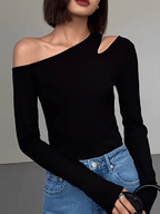 Blusa Canelada de Manga Longa Com Decote Assimétrico - Lohany
