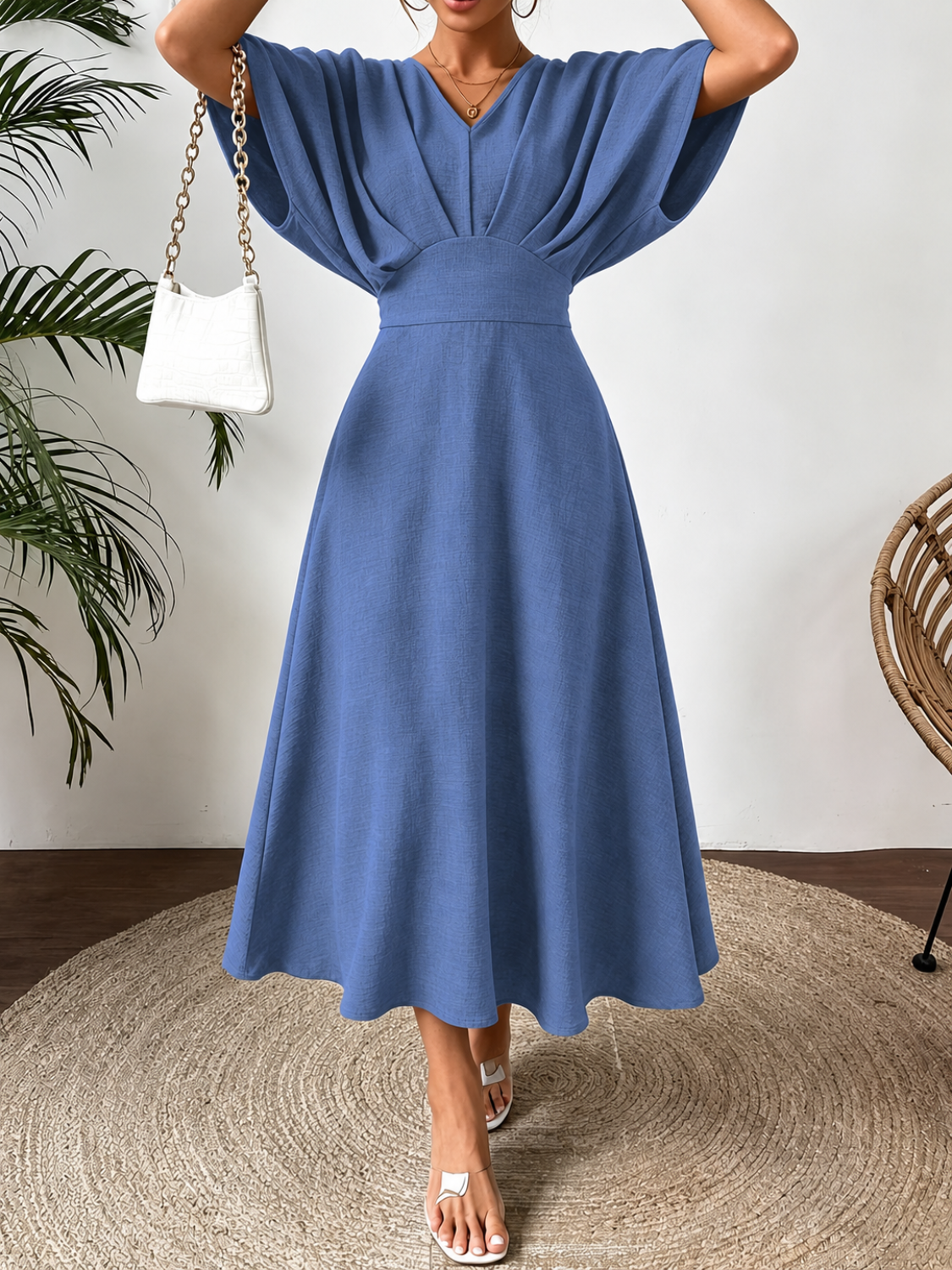 Vestido Midi Evasê Acinturado com Manga Morcego Decote V-  Mayla