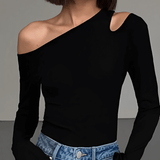 Blusa Canelada de Manga Longa Com Decote Assimétrico - Lohany