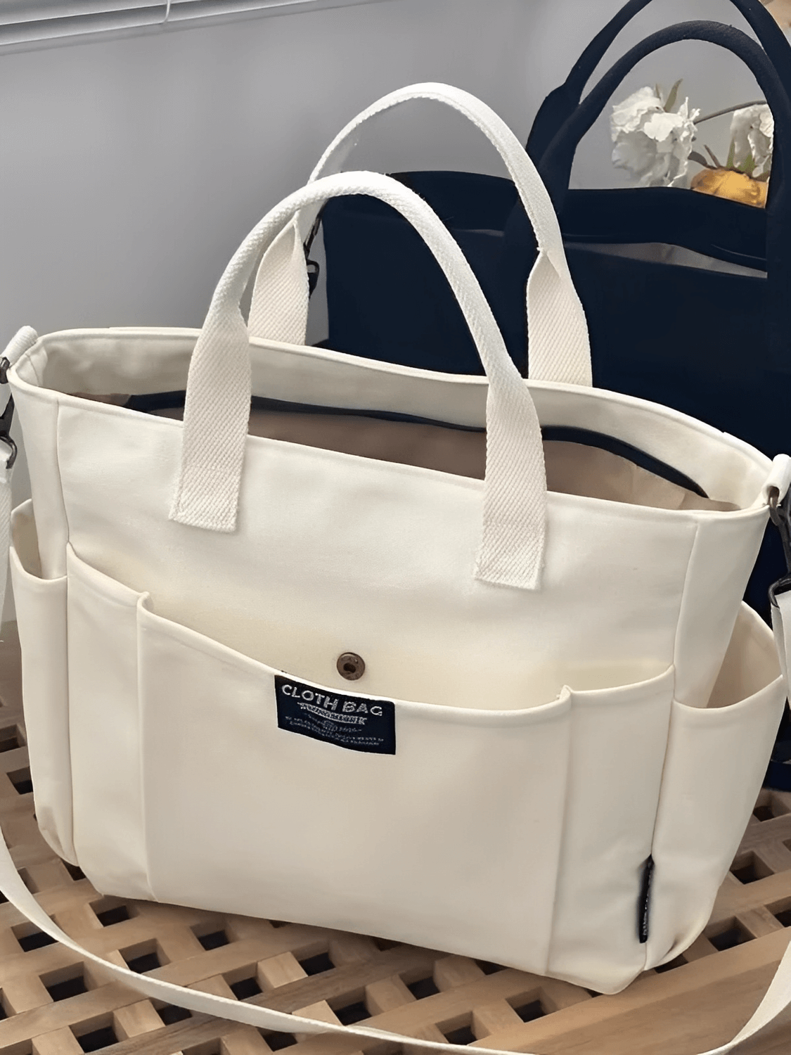 Bolsa Grande em Lona com Alça Ajustável Removível e Bolsos – Rania