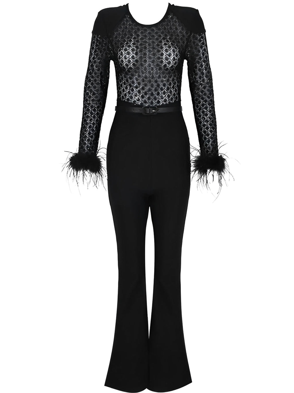 Macacão de Renda com Lantejoulas Plumas e Calça Flare de Veludo - Noir