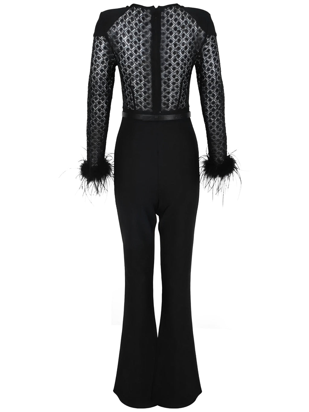 Macacão de Renda com Lantejoulas Plumas e Calça Flare de Veludo - Noir