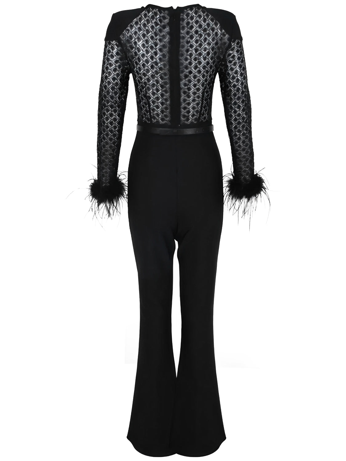 Macacão de Renda com Lantejoulas Plumas e Calça Flare de Veludo - Noir