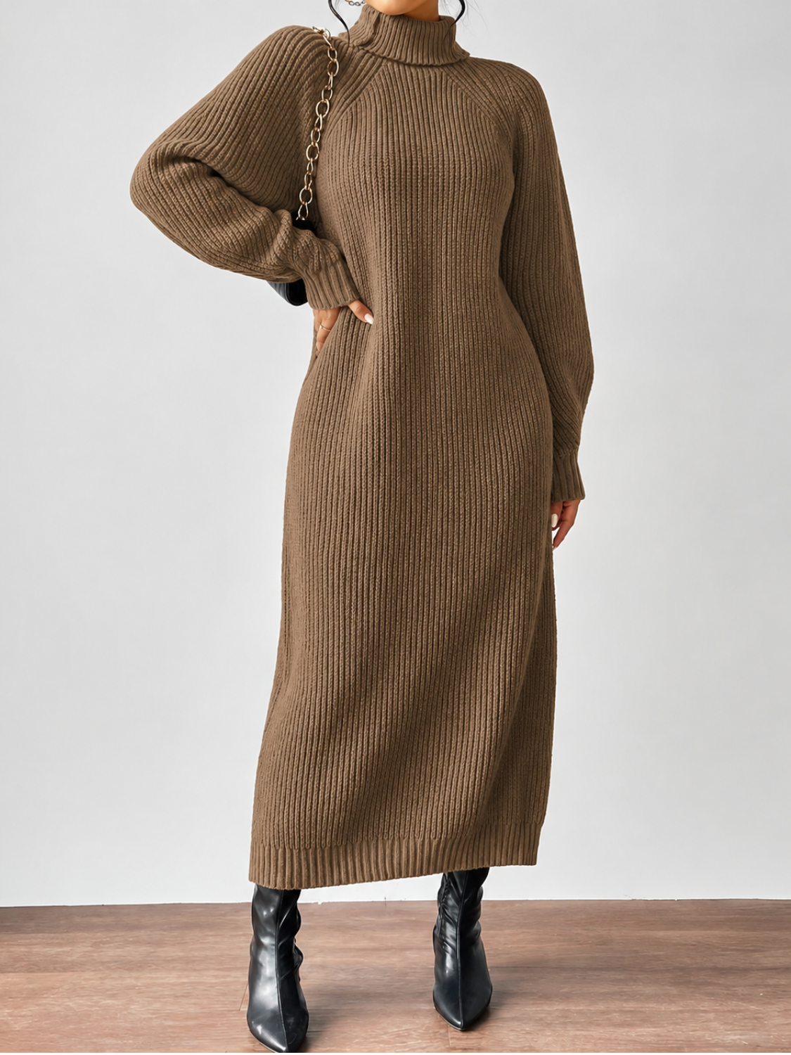 Vestido Suéter Midi em Tricô Canelado com Gola Alta e Mangas Longas - Julieta