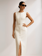Vestido Midi Sem Mangas com Botões Forrados Cinto e Fenda – Selena [FRETE FULL]