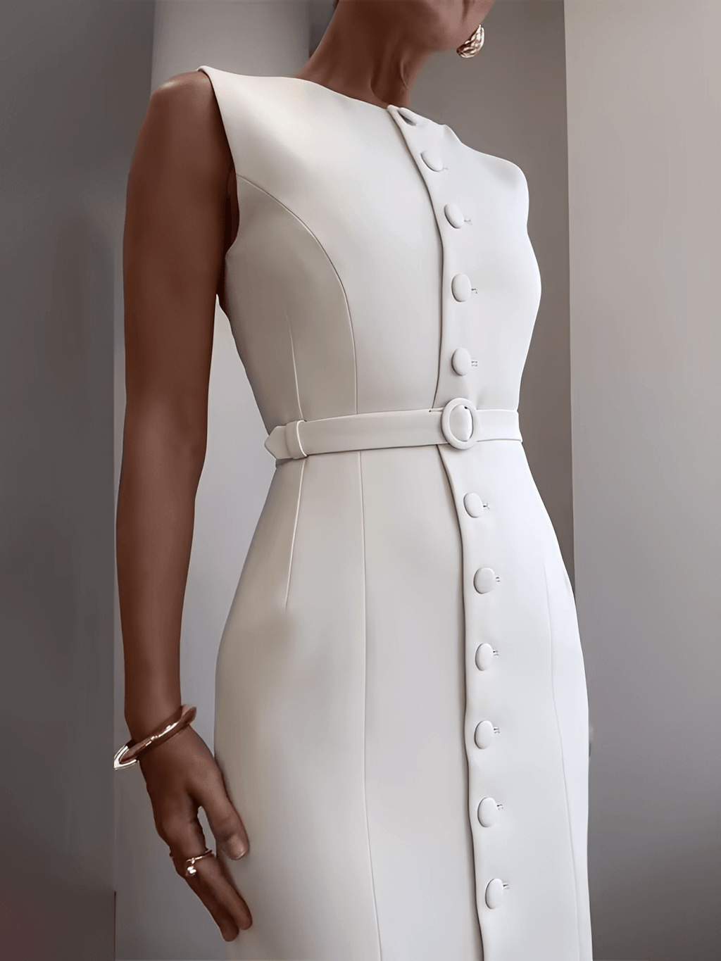 Vestido Midi Sem Mangas com Botões Forrados Cinto e Fenda – Selena [FRETE FULL]