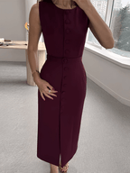 Vestido Midi Sem Mangas com Botões Forrados Cinto e Fenda – Selena [FRETE FULL]