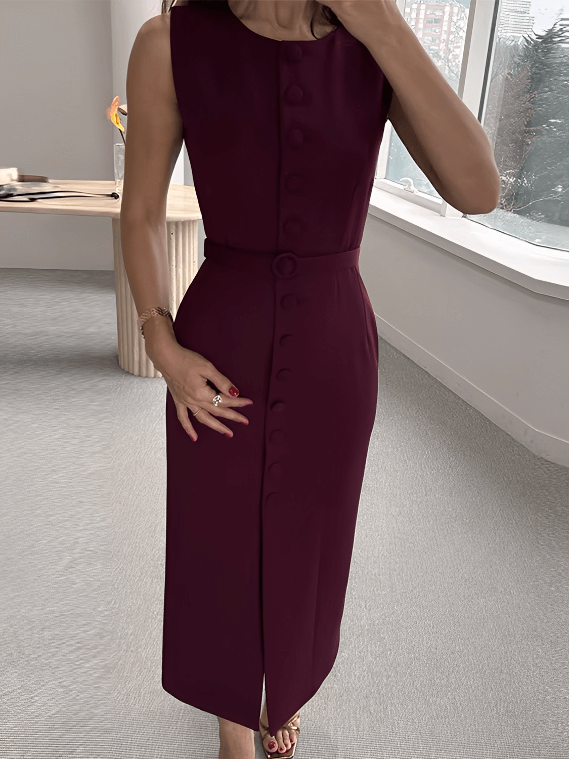 Vestido Midi Sem Mangas com Botões Forrados Cinto e Fenda – Selena [FRETE FULL]