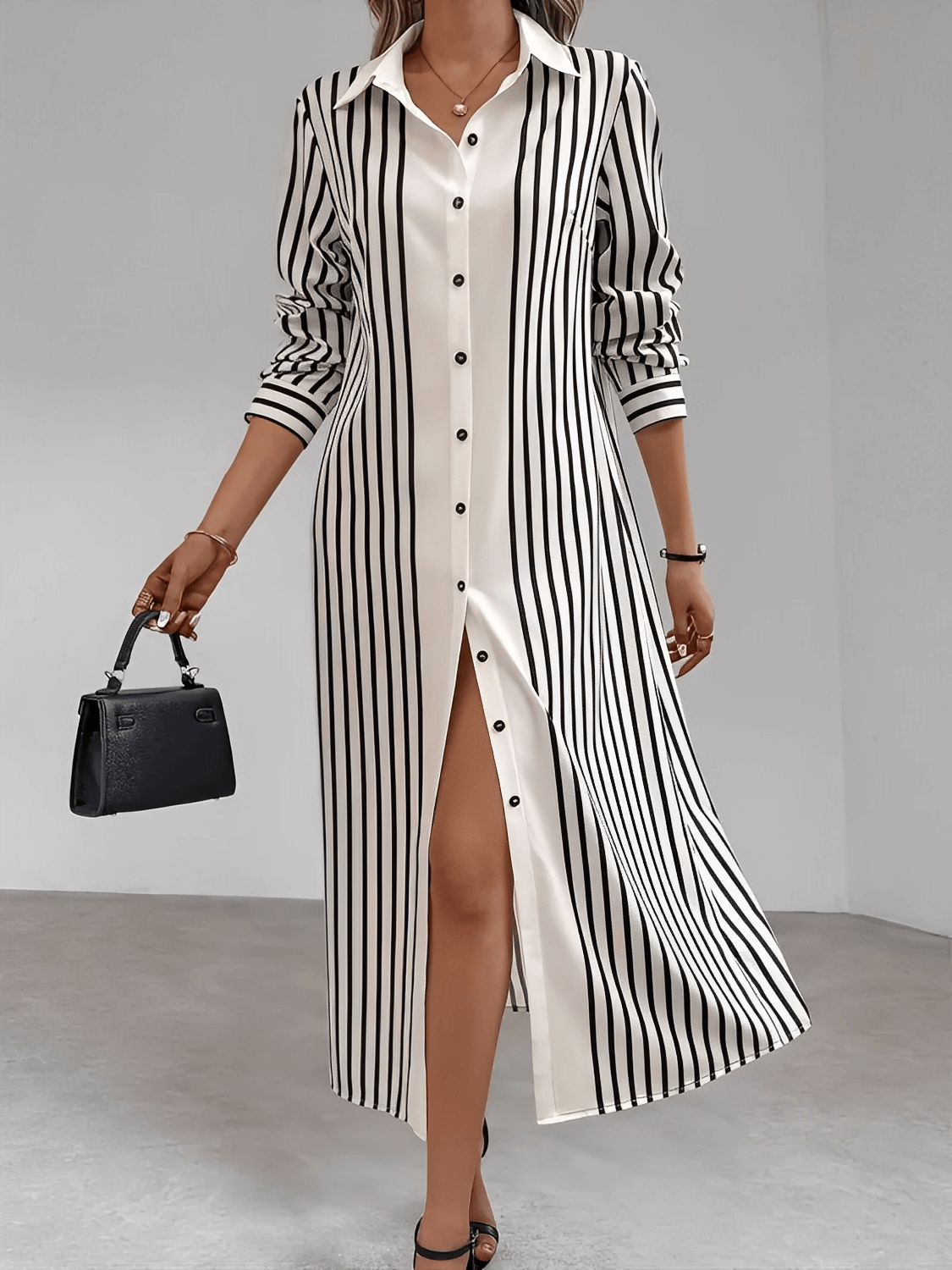 Vestido Chemise com Listras Verticais e Botões Frontais Elegantes – Julia [FRETE FULL]