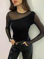 Blusa com Recortes Diagonal em Tule e Manga Longa Translúcida – Xanthe