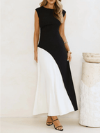 Vestido Longo Sem Mangas com Design Bicolor Diagonal Elegante - Alane [FRETE FULL]