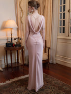 Vestido de Festa Longo Acetinado com Decote Drapeado e Costas Nuas  – Selin