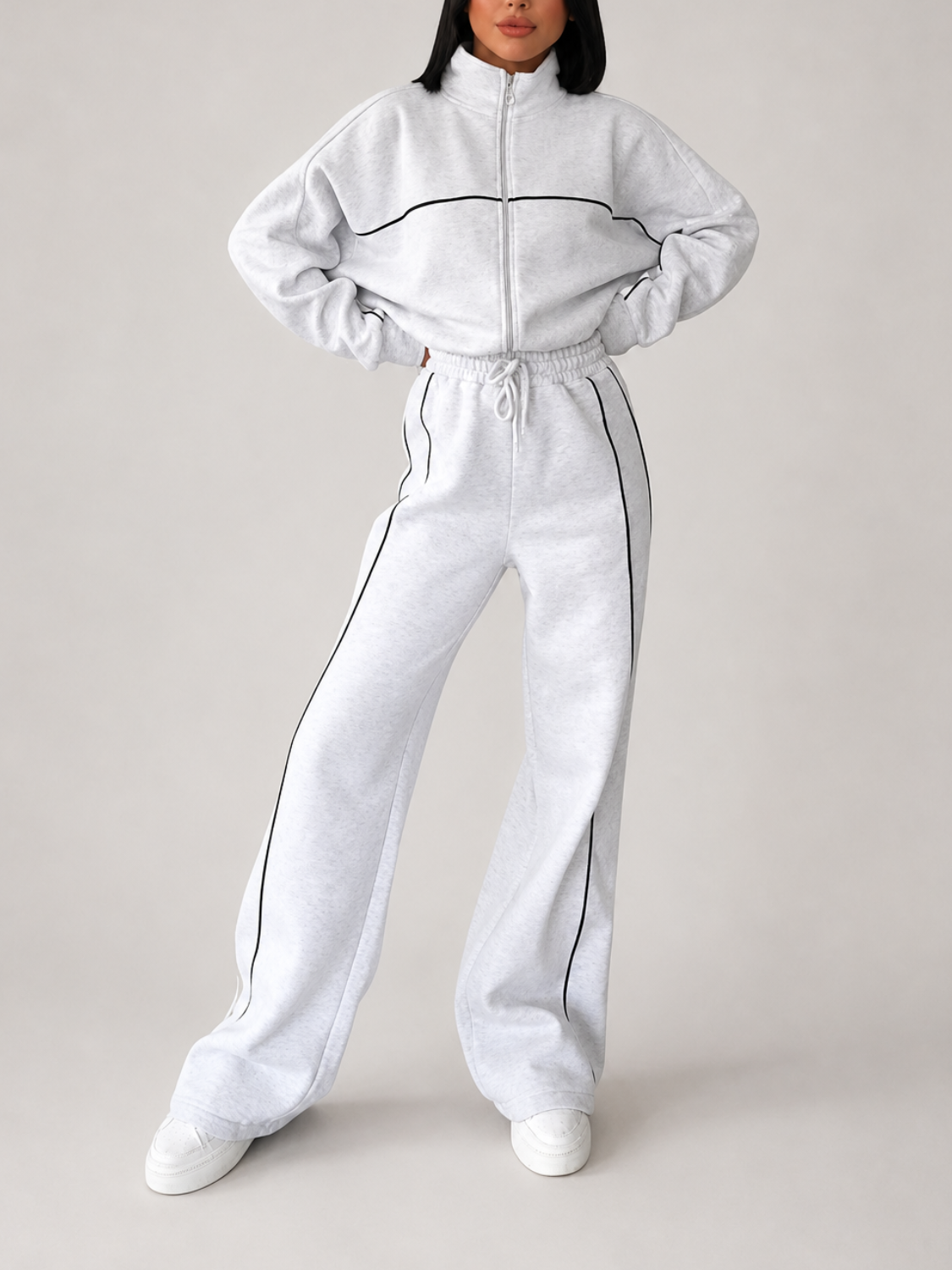 Conjunto Esportivo com Listras Casaco de Zíper e Calça Wide Leg - Pabline
