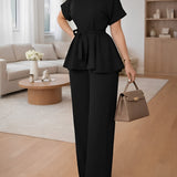 Conjunto Blusa Peplum com Cinto Faixa e Calça Pantalona Elegante - Marian