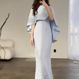 Vestido Longo de Festa Acinturado com Capa Peplum Elegante - Amna