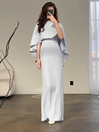 Vestido Longo de Festa Acinturado com Capa Peplum Elegante - Amna