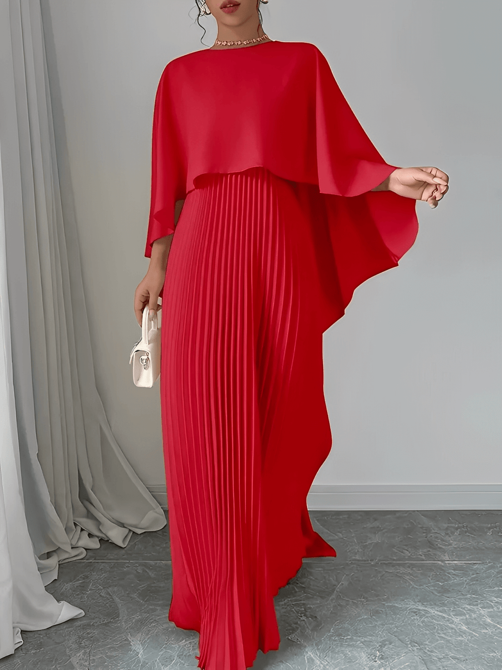Vestido Longo de Festa Plissado com Capa Peplum Embutida – Loren