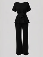 Conjunto Blusa Peplum com Cinto Faixa e Calça Pantalona Elegante - Marian