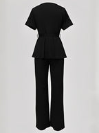 Conjunto Blusa Peplum com Cinto Faixa e Calça Pantalona Elegante - Marian