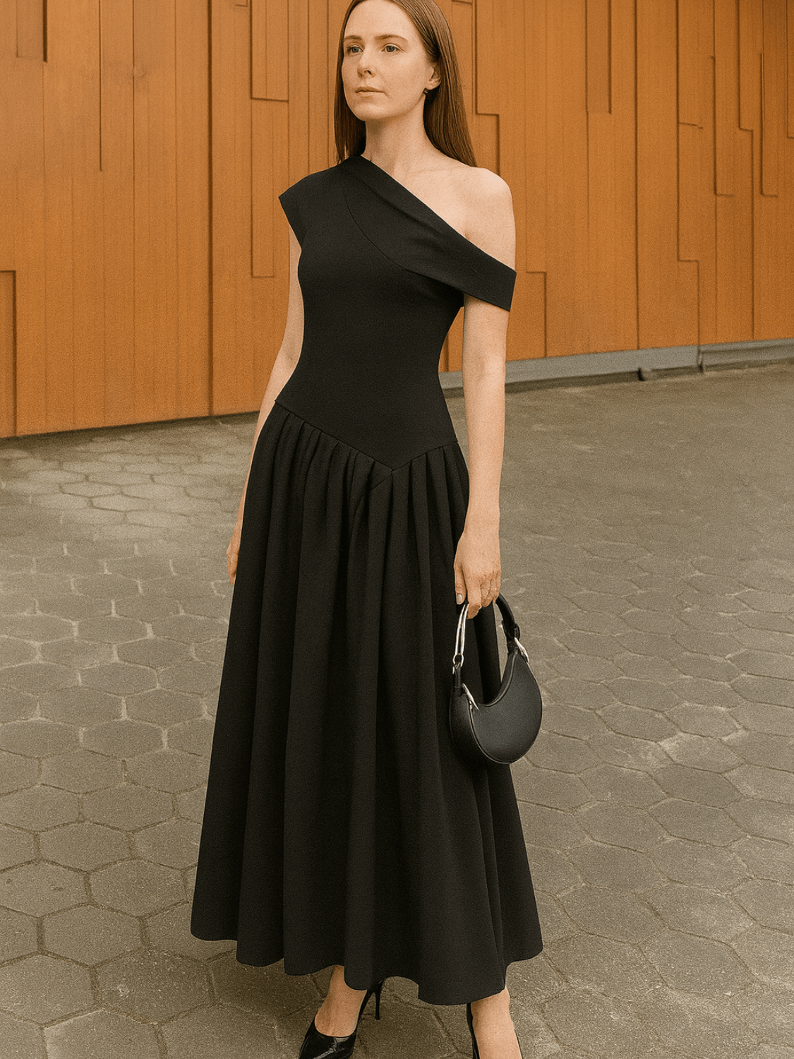 Vestido Maxi com Ombro Assimétrico e Saia Plissada Sofisticada – Luana [FRETE FULL]