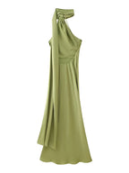 Vestido Longo Acetinado Halter com Capa Lateral e Costas Nuas - Serena [FRETE FULL]
