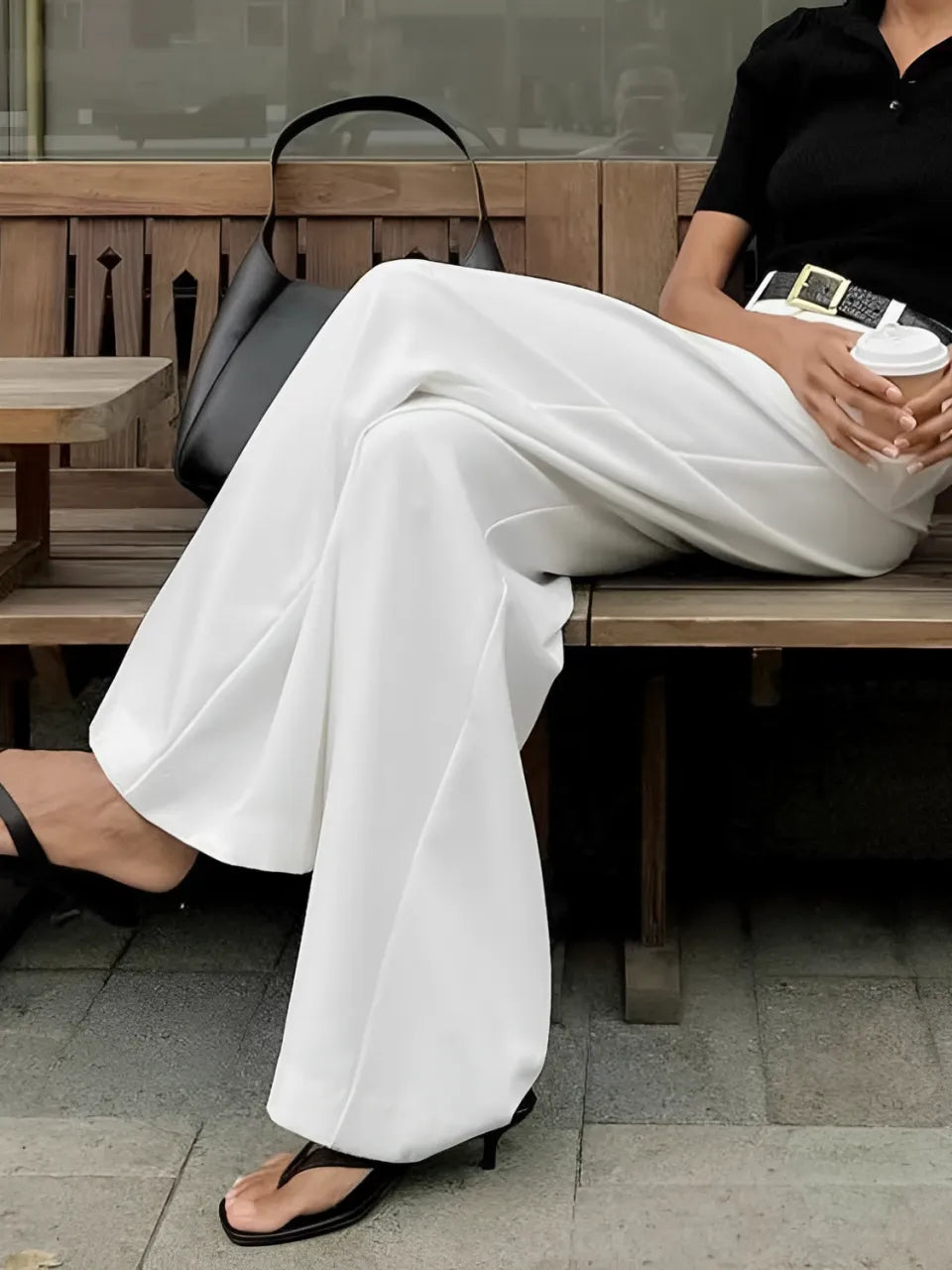 Calça Pantalona Branca Feminina com Cintura Alta Fecho e Zíper – Zoe